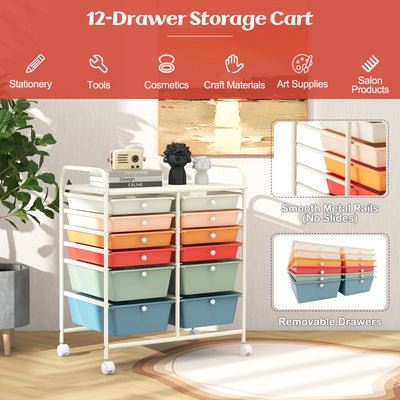 12 Drawers Rolling Storage Cart with Metal Frame and Lockable Wheels-Deep Multicolor