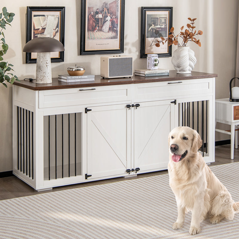 Double Dog Crate Furniture Large Breed Wood Dog Kennel with Room Divider-White