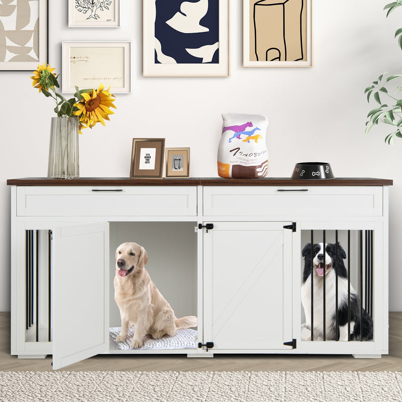 Double Dog Crate Furniture Large Breed Wood Dog Kennel with Room Divider-White