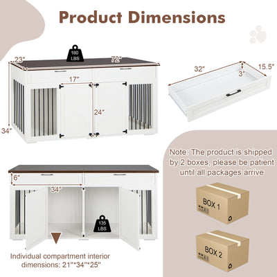 Double Dog Crate Furniture Large Breed Wood Dog Kennel with Room Divider-White