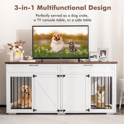 Double Dog Crate Furniture Large Breed Wood Dog Kennel with Room Divider-White