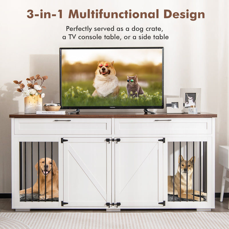 Double Dog Crate Furniture Large Breed Wood Dog Kennel with Room Divider-White