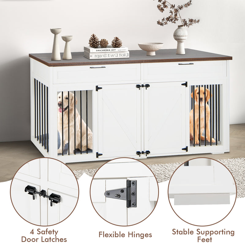 Double Dog Crate Furniture Large Breed Wood Dog Kennel with Room Divider-White