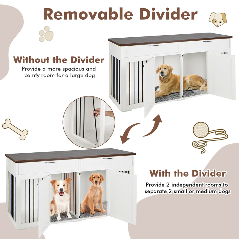 Double Dog Crate Furniture Large Breed Wood Dog Kennel with Room Divider-White