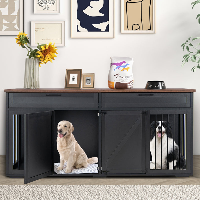 Double Dog Crate Furniture Large Breed Wood Dog Kennel with Room Divider-Black