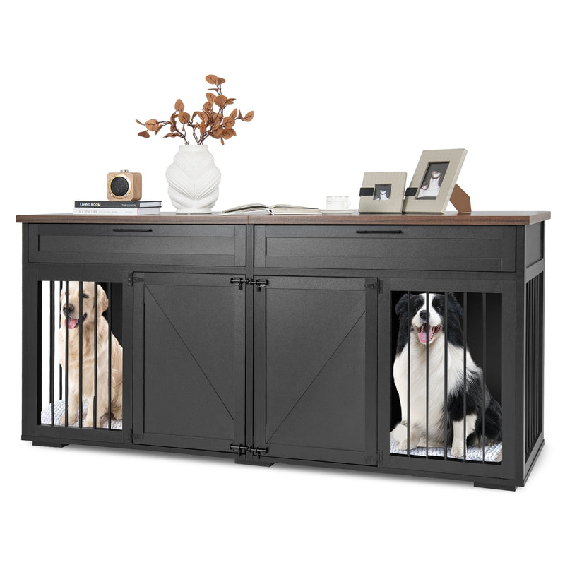 Double Dog Crate Furniture Large Breed Wood Dog Kennel with Room Divider-Black