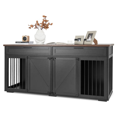 Double Dog Crate Furniture Large Breed Wood Dog Kennel with Room Divider-Black