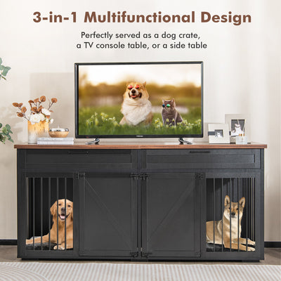 Double Dog Crate Furniture Large Breed Wood Dog Kennel with Room Divider-Black