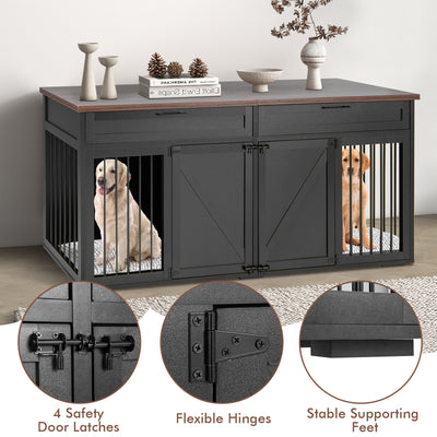 Double Dog Crate Furniture Large Breed Wood Dog Kennel with Room Divider-Black