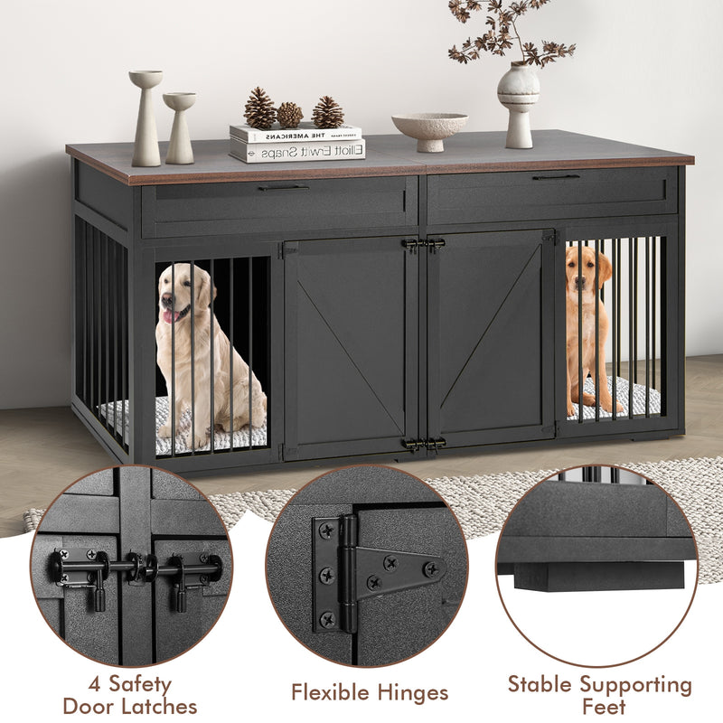 Double Dog Crate Furniture Large Breed Wood Dog Kennel with Room Divider-Black