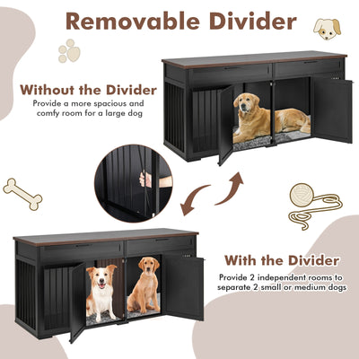 Double Dog Crate Furniture Large Breed Wood Dog Kennel with Room Divider-Black