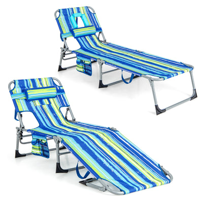 Folding Beach Lounge Chair with Pillow for Outdoor-Blue & Green