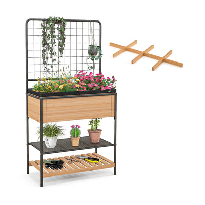 Raised Garden Bed with Trellis 2-tier Storage Shelves-Natural