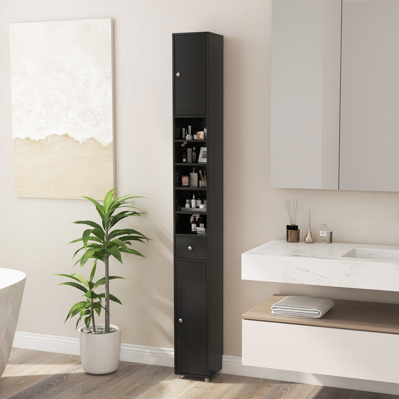 Freestanding Slim Bathroom Cabinet with Drawer and Adjustable Shelves-Black