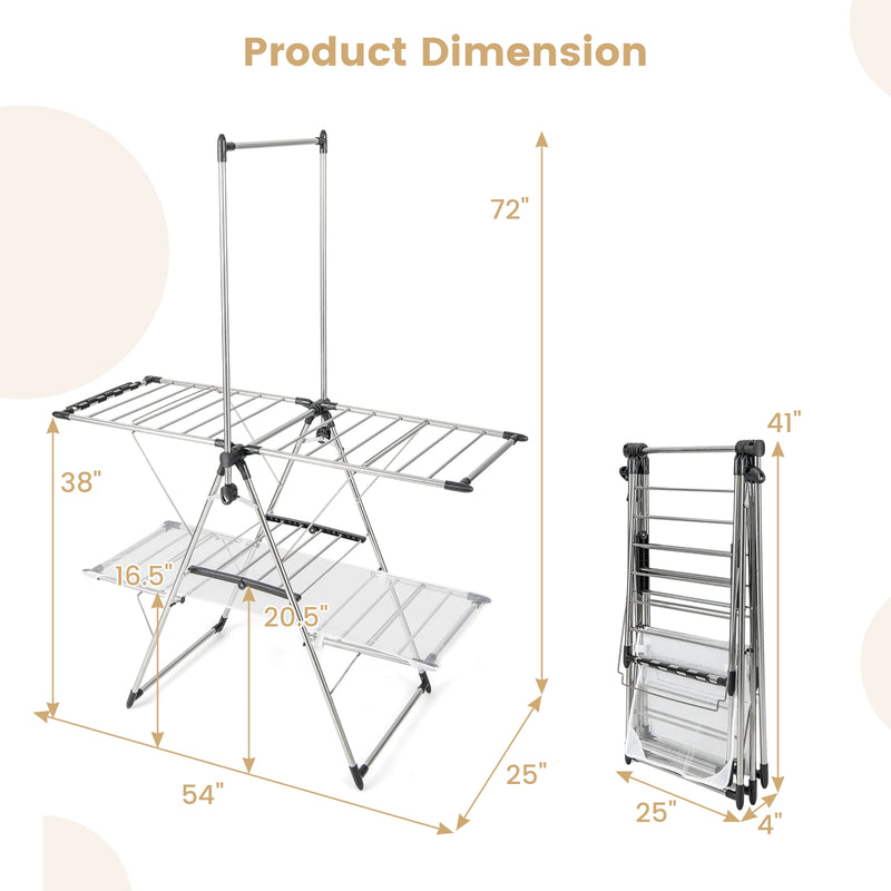 Large Foldable Clothes Drying Rack with Tall Hanging Bar