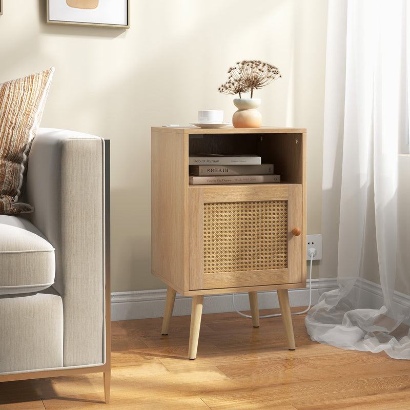 Rattan Nightstand with Charging Station Bedside Table with USB Ports and PE Rattan Door-Natural