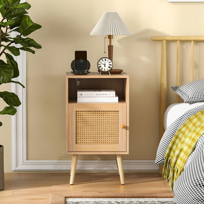 Rattan Nightstand with Charging Station Bedside Table with USB Ports and PE Rattan Door-Natural