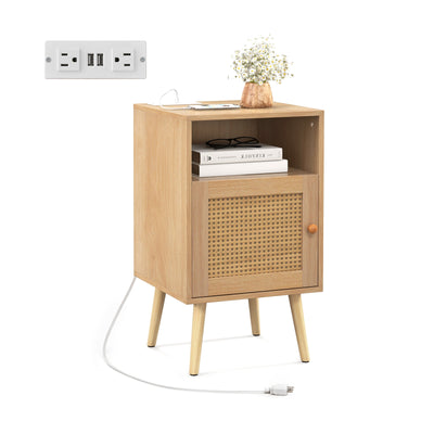 Rattan Nightstand with Charging Station Bedside Table with USB Ports and PE Rattan Door-Natural