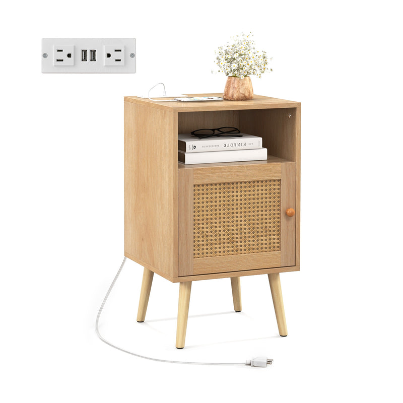 Rattan Nightstand with Charging Station Bedside Table with USB Ports and PE Rattan Door-Natural