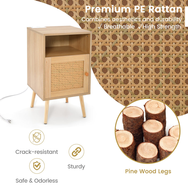 Rattan Nightstand with Charging Station Bedside Table with USB Ports and PE Rattan Door-Natural