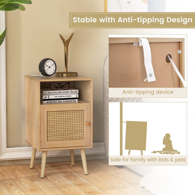 Rattan Nightstand with Charging Station Bedside Table with USB Ports and PE Rattan Door-Natural