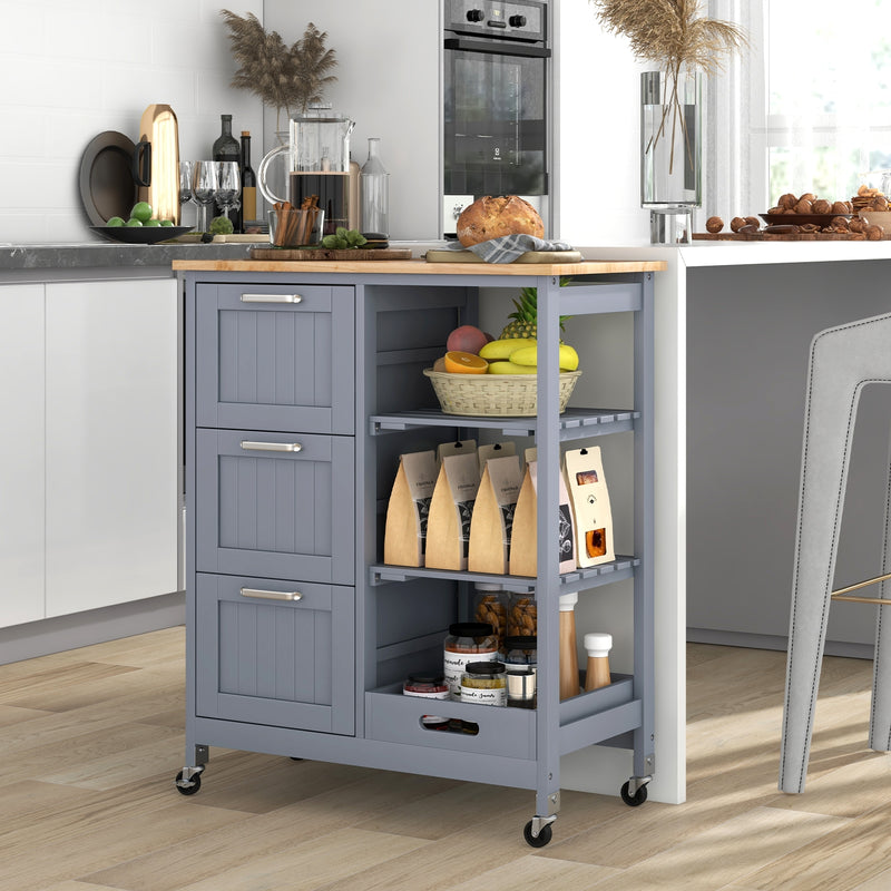 Kitchen Island Cart on Wheels with Rubber Wood Top and 3 Drawersand Removable Tray-Gray