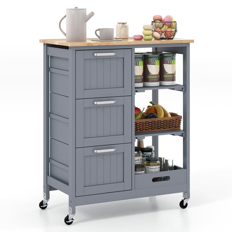 Kitchen Island Cart on Wheels with Rubber Wood Top and 3 Drawersand Removable Tray-Gray