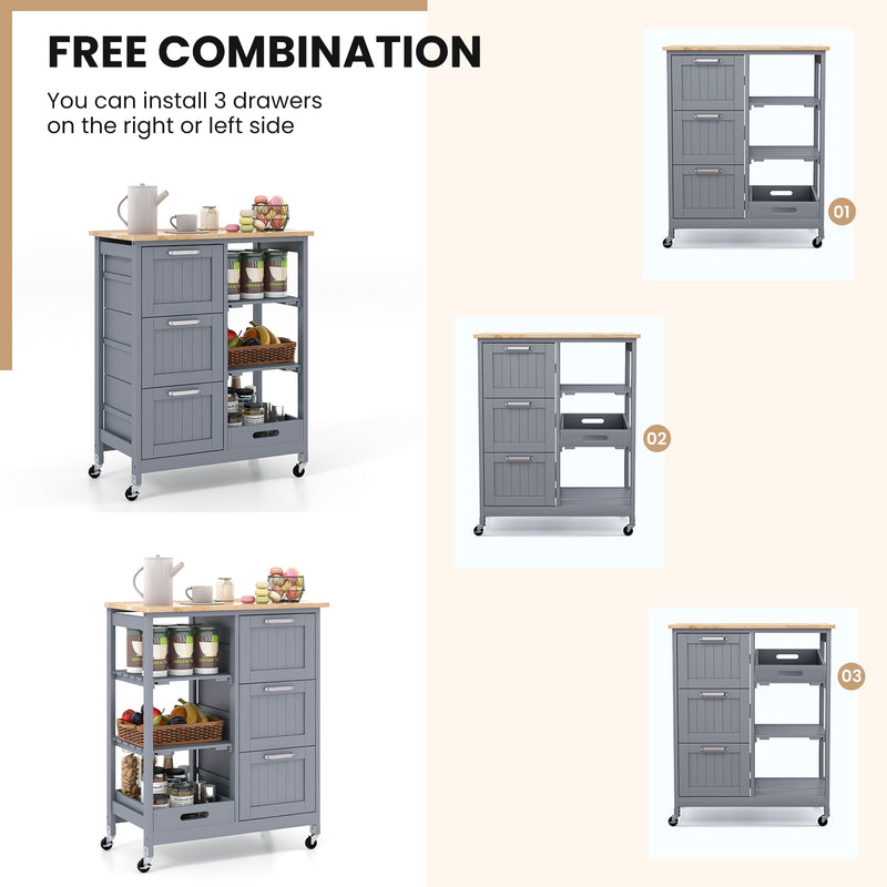 Kitchen Island Cart on Wheels with Rubber Wood Top and 3 Drawersand Removable Tray-Gray