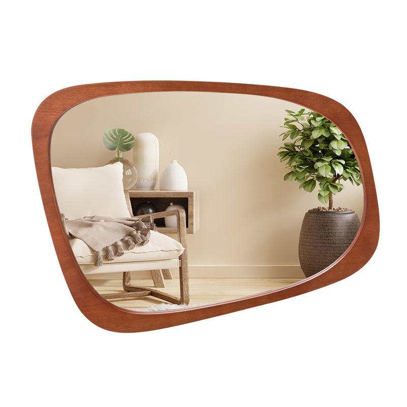 Asymmetrical Abstract Irregular Shaped Wall Mirror with Rustic Frame-Natural