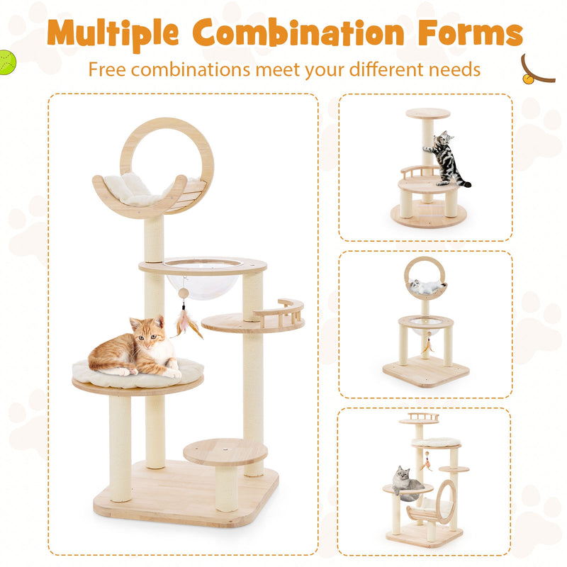 4-in-1 Large Wooden Cat Tower with Space Capsule Nest for Indoor Cats