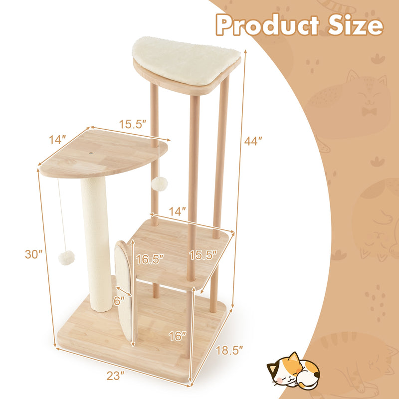 Wooden Multi-level Modern Cat Tower with Scratching Board and Post-44 inches