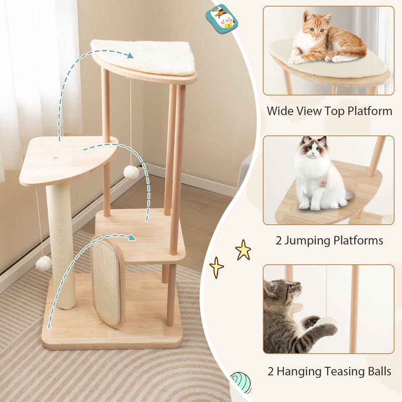 Wooden Multi-level Modern Cat Tower with Scratching Board and Post-44 inches