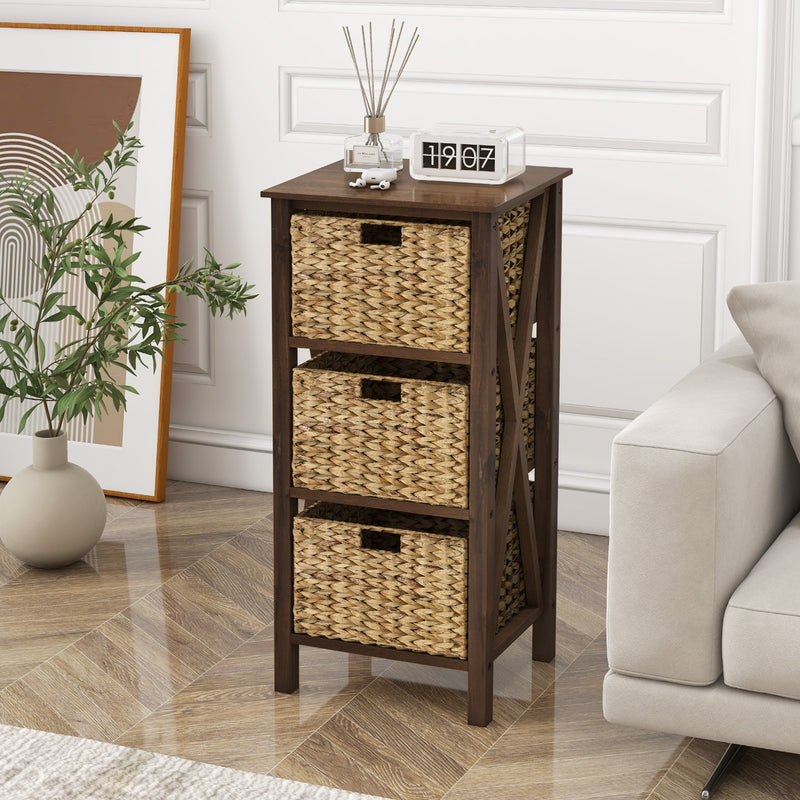 3/4-Tier Nightstand with 2/3 Seagrass Baskets Narrow X-Design-3 Baskets