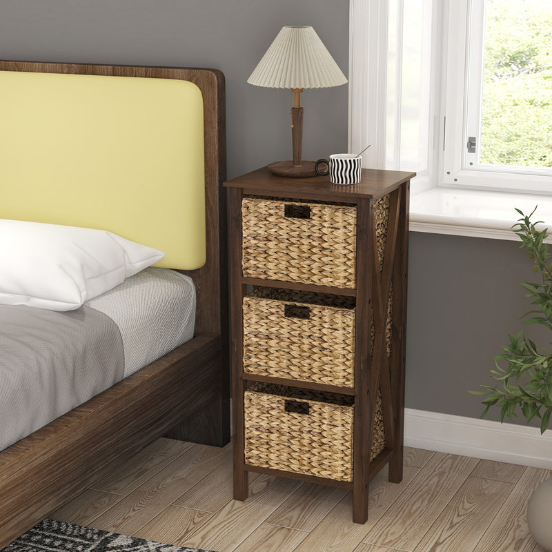 3/4-Tier Nightstand with 2/3 Seagrass Baskets Narrow X-Design-3 Baskets