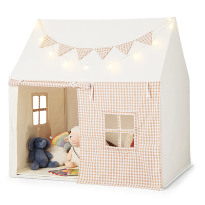 Kids Play Tent Large Playhouse with Padded Mat and 2 Breathable Windows-Beige