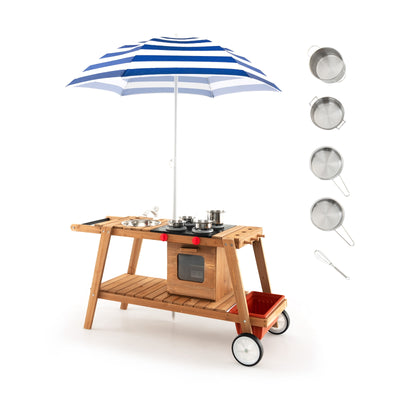 Wooden Play Cart with Sun Proof Umbrella for Toddlers Over 3 Years Old-Blue