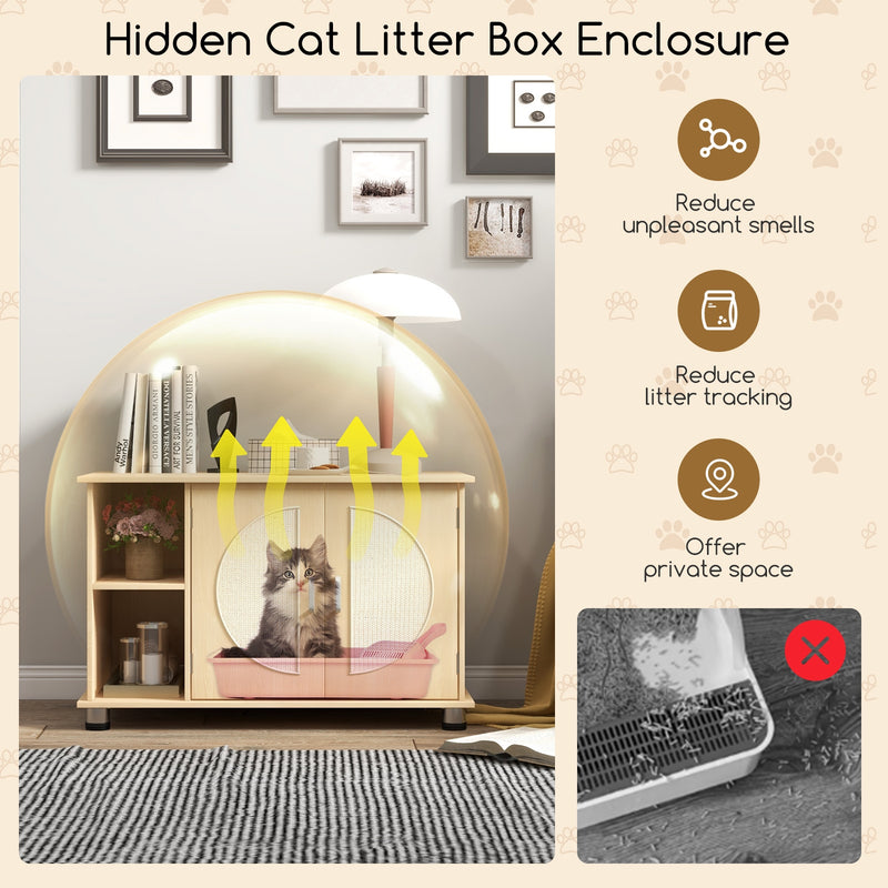 Cat Litter Box Enclosure with Sisal Scratching Doors and Adjustable Metal Feet-Natural