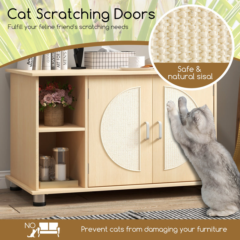 Cat Litter Box Enclosure with Sisal Scratching Doors and Adjustable Metal Feet-Natural