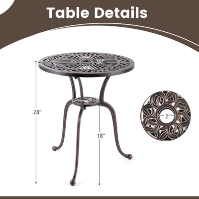 24 Inch Round Cast Aluminum Table Patio Dining Bistro Table with 2 Inch Umbrella Hole-Copper