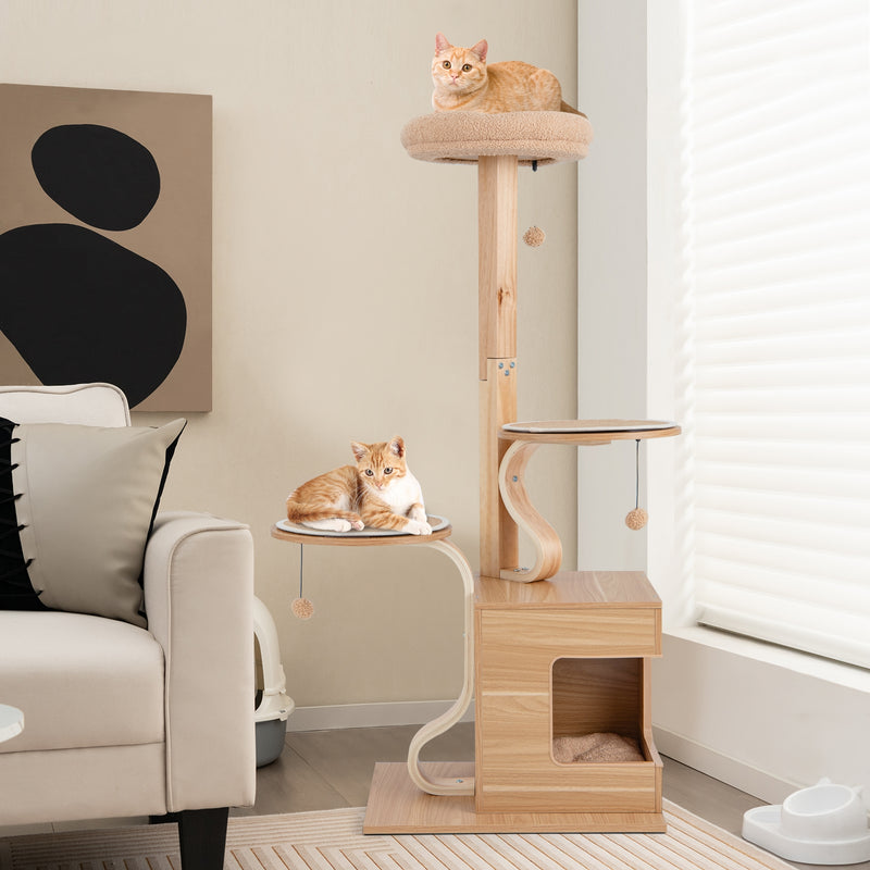 4-Layer Wooden Cat Tree 51 Inch Tall Cat Tower with Condo and Washable Cushions-Natural