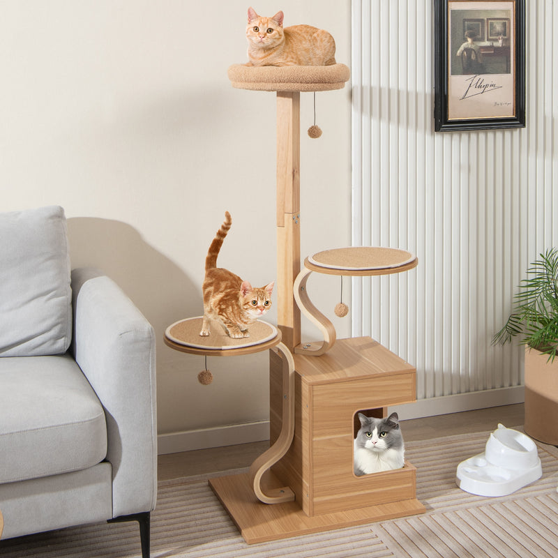 4-Layer Wooden Cat Tree 51 Inch Tall Cat Tower with Condo and Washable Cushions-Natural