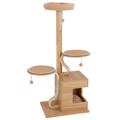 4-Layer Wooden Cat Tree 51 Inch Tall Cat Tower with Condo and Washable Cushions-Natural