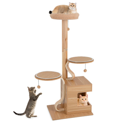 4-Layer Wooden Cat Tree 51 Inch Tall Cat Tower with Condo and Washable Cushions-Natural