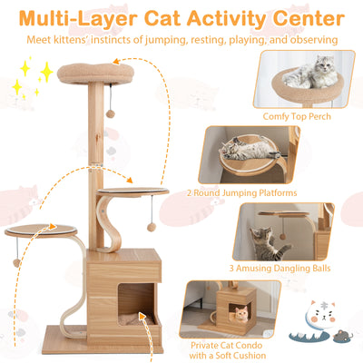 4-Layer Wooden Cat Tree 51 Inch Tall Cat Tower with Condo and Washable Cushions-Natural