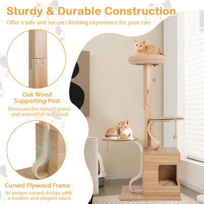 4-Layer Wooden Cat Tree 51 Inch Tall Cat Tower with Condo and Washable Cushions-Natural