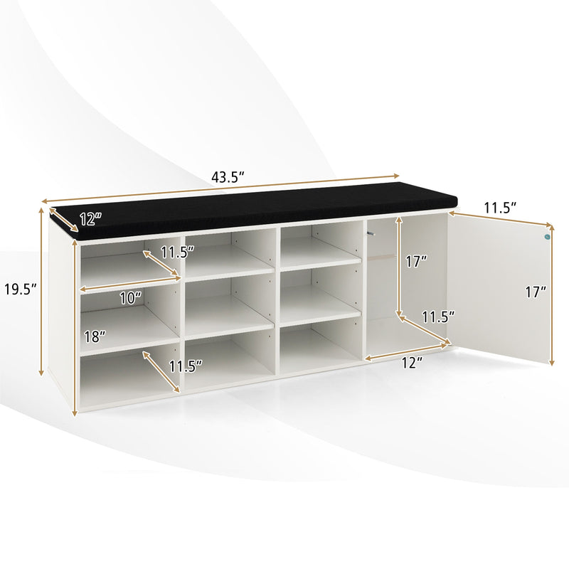 9-cube Shoe Bench with Adjustable Shelves and Removable Padded Cushion-White