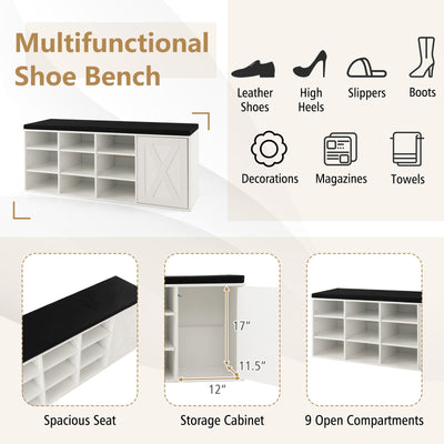 9-cube Shoe Bench with Adjustable Shelves and Removable Padded Cushion-White