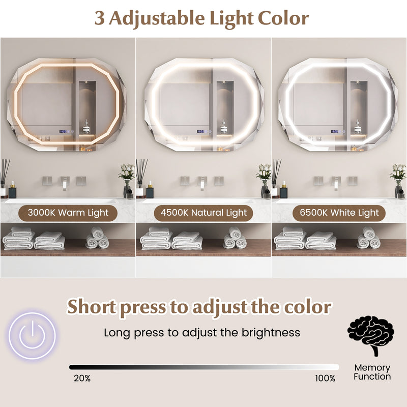 Anti-Fog Bathroom Mirror with 3 Color LED Light Memory Function