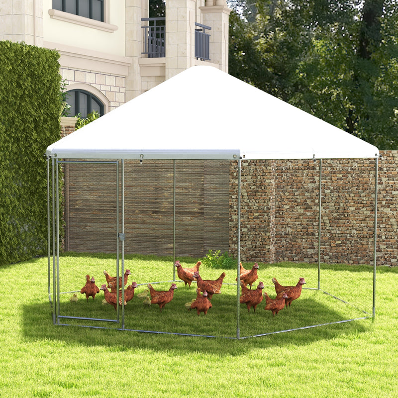 13FT Large Metal Hexagonal Chicken Coop with Wire Mesh and Lockable Door