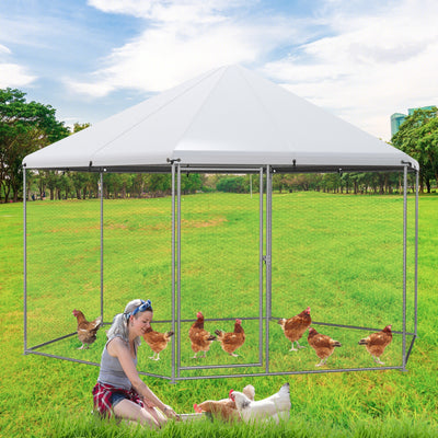 13FT Large Metal Hexagonal Chicken Coop with Wire Mesh and Lockable Door